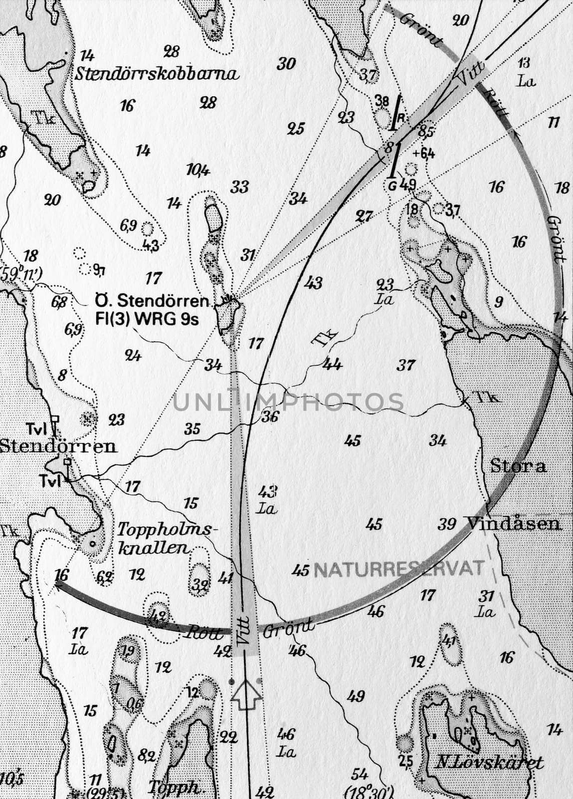 Macro shot of a old marine chart, detailing Stockholm archipelago