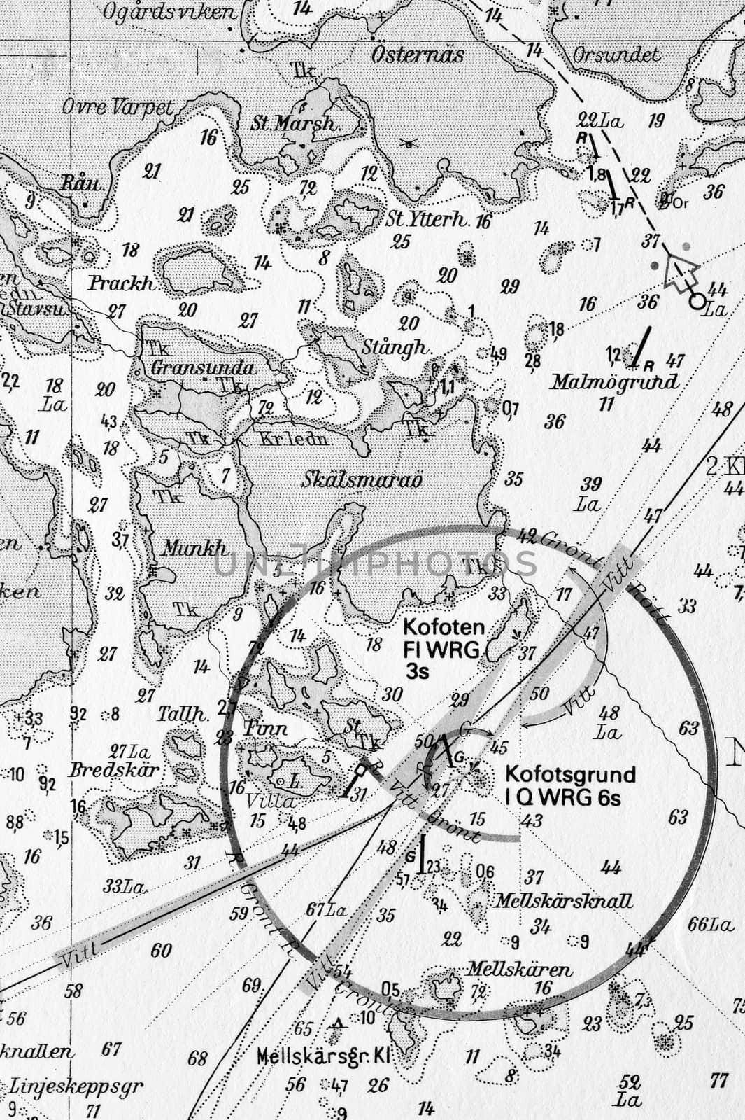 Macro shot of a old marine chart, detailing Stockholm archipelago