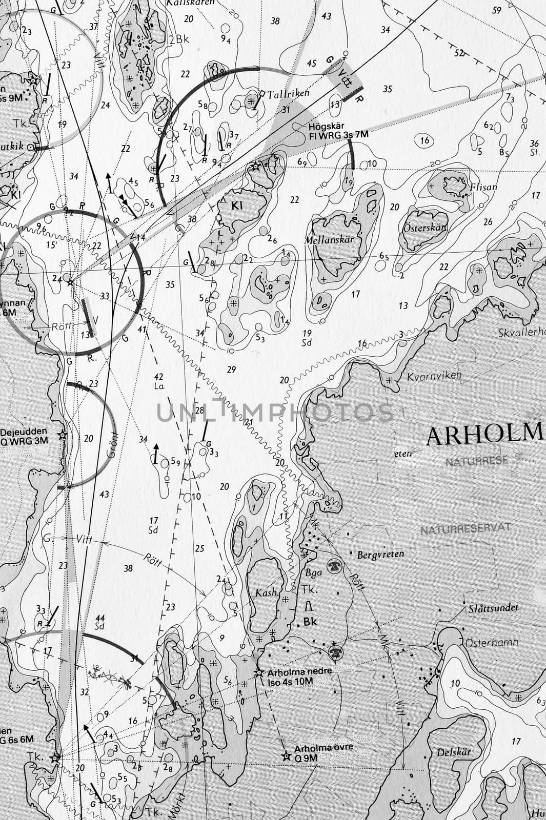 Macro shot of a old marine chart, detailing Stockholm archipelago