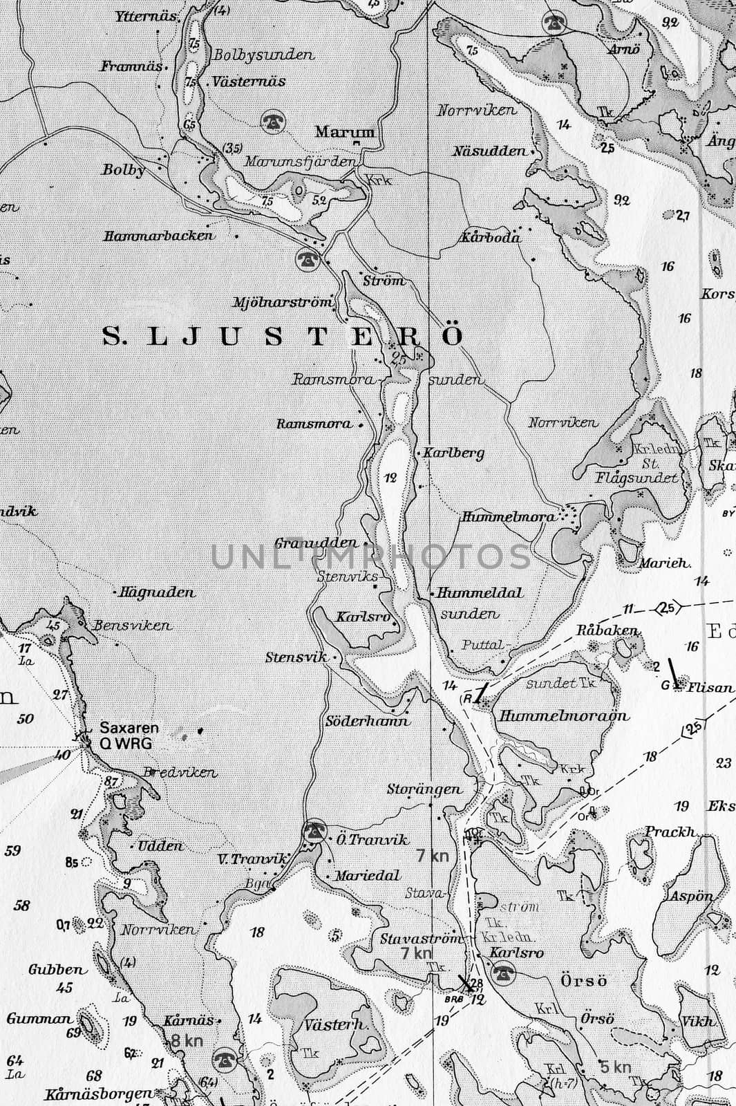 Macro shot of a old marine chart, detailing Stockholm archipelago