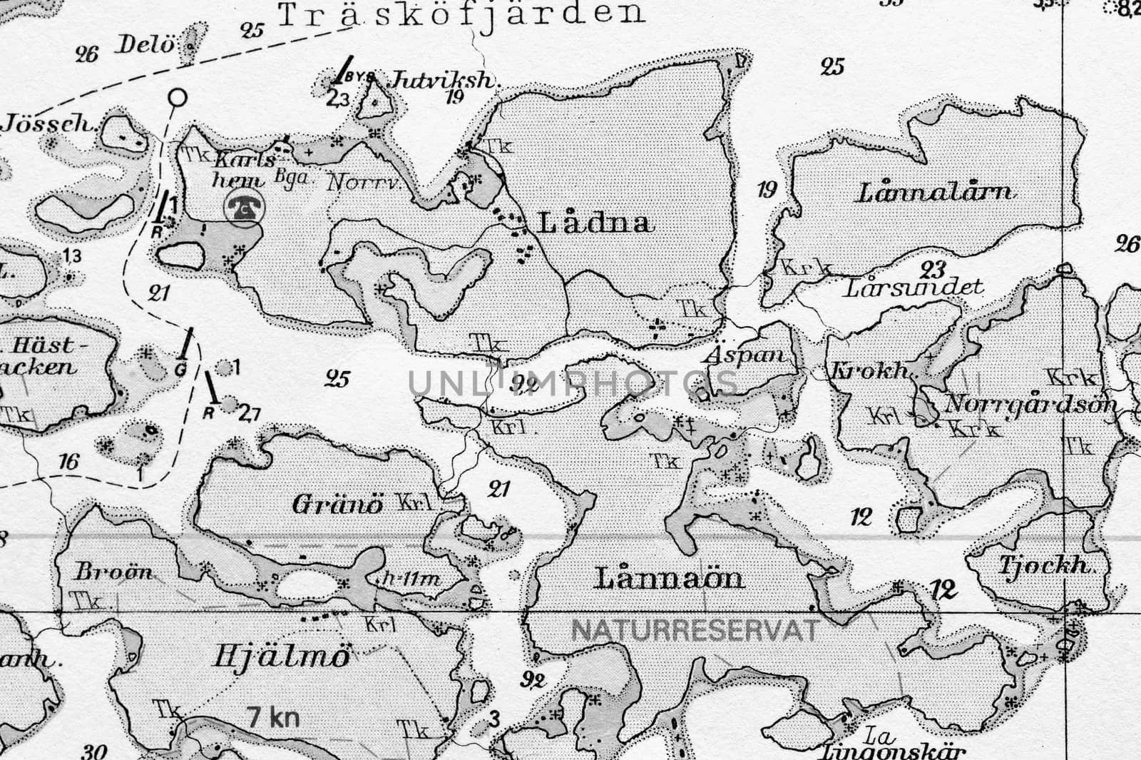 Macro shot of a old marine chart, detailing Stockholm archipelago