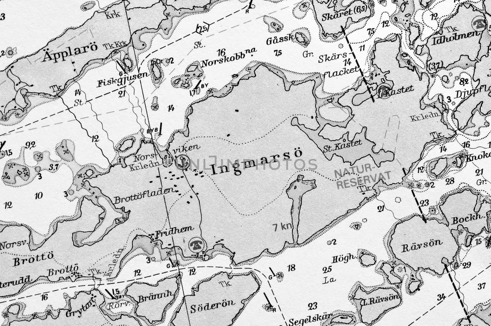 Macro shot of a old marine chart, detailing Stockholm archipelago