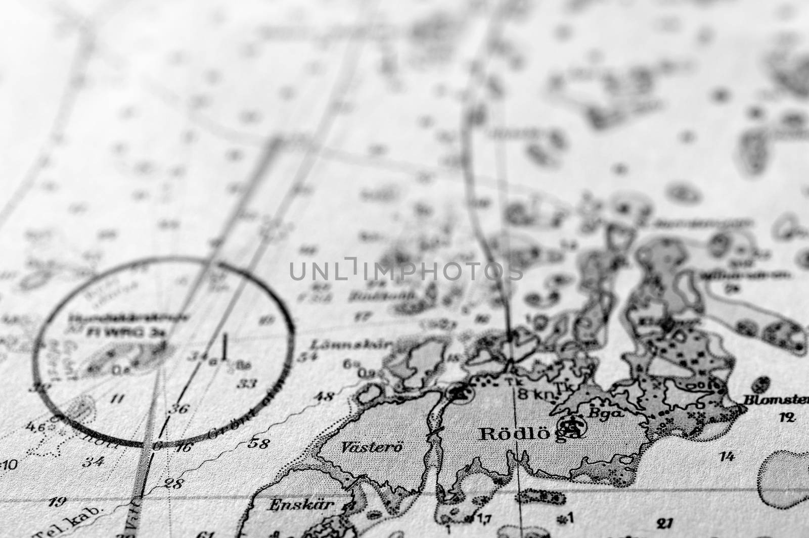 Macro shot of a old marine chart, detailing Stockholm archipelago