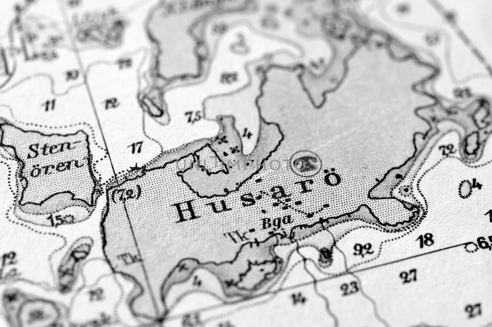 Macro shot of a old marine chart, detailing Stockholm archipelago