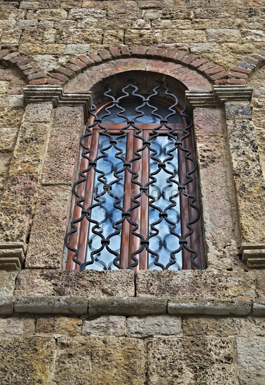 Window on old stone monastery in Serbia