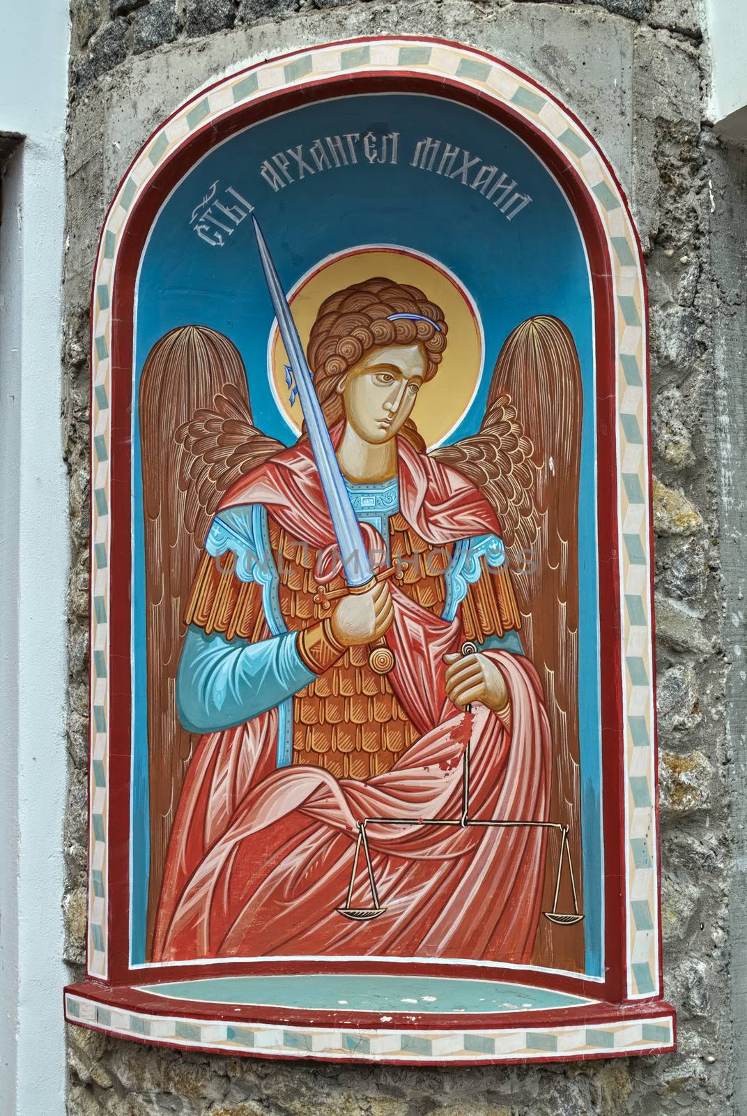 Icon of an angel with a sword on entrance into serbian monastery