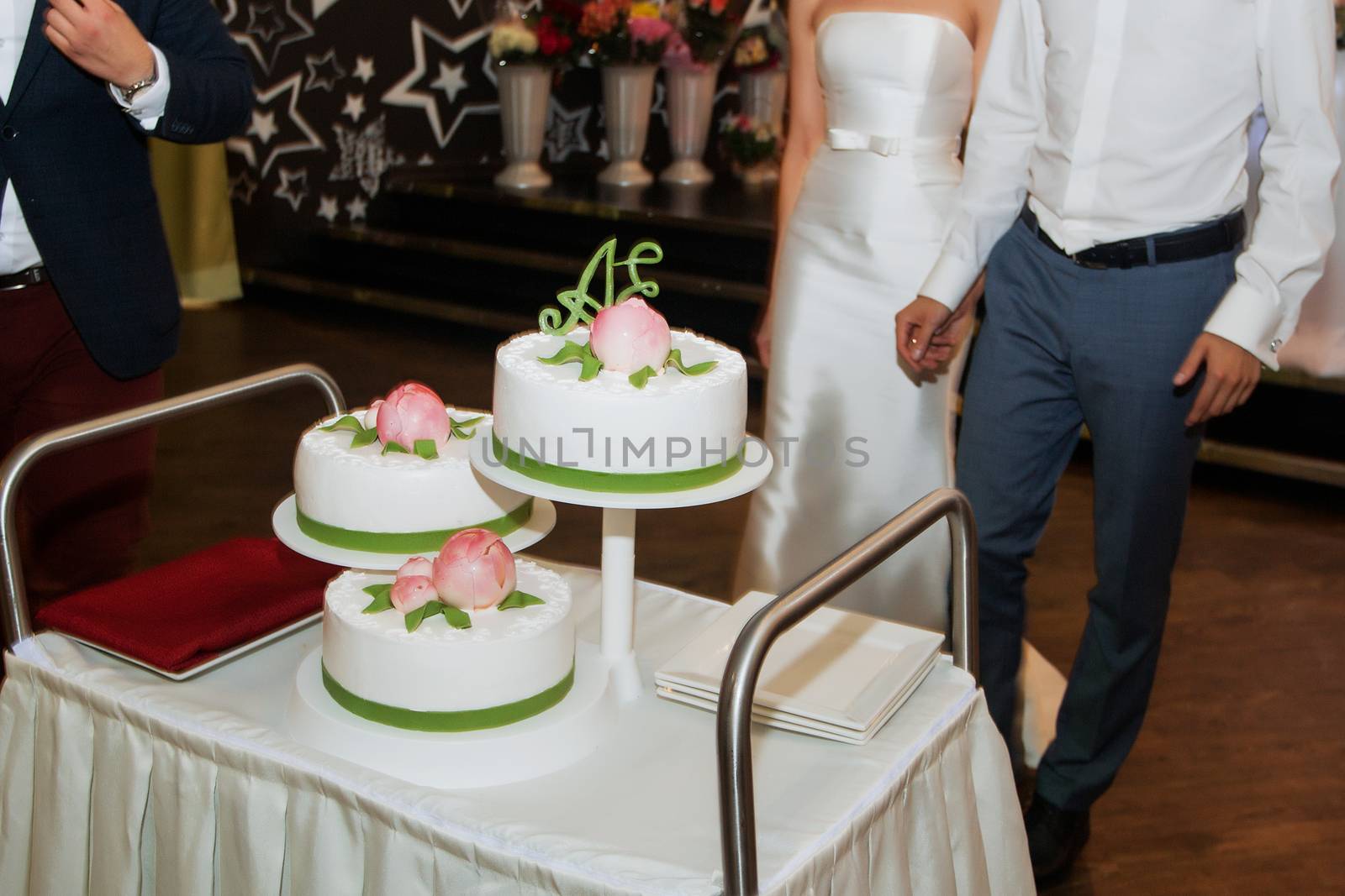 elegant pretty young bride and groom cut the wedding cake.