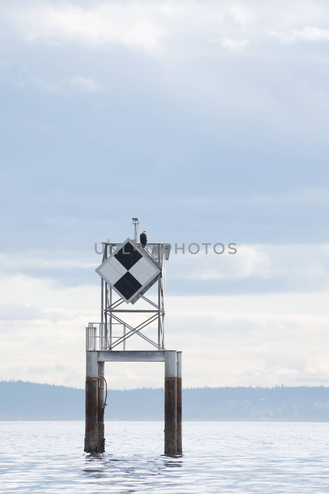 Calm, cloudy day.  Daymark positioned in West Seattle, WA.  The bald eagle was a bonus
