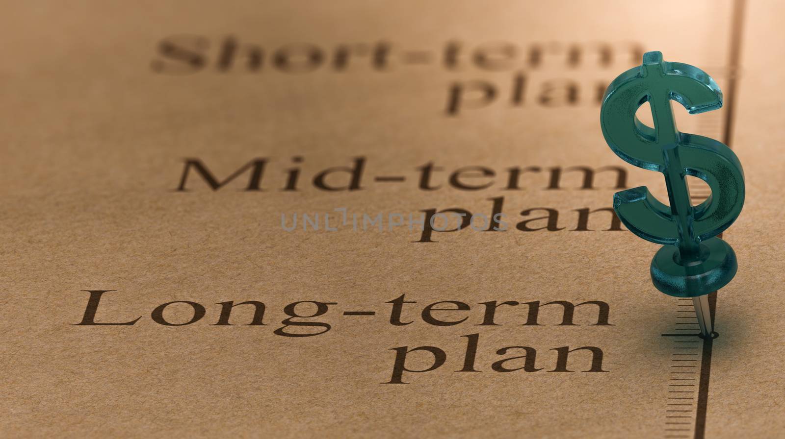 Dollar shaped pushpin, pined on a timeline in front of the text long-term plan. Concept of long term investments plan