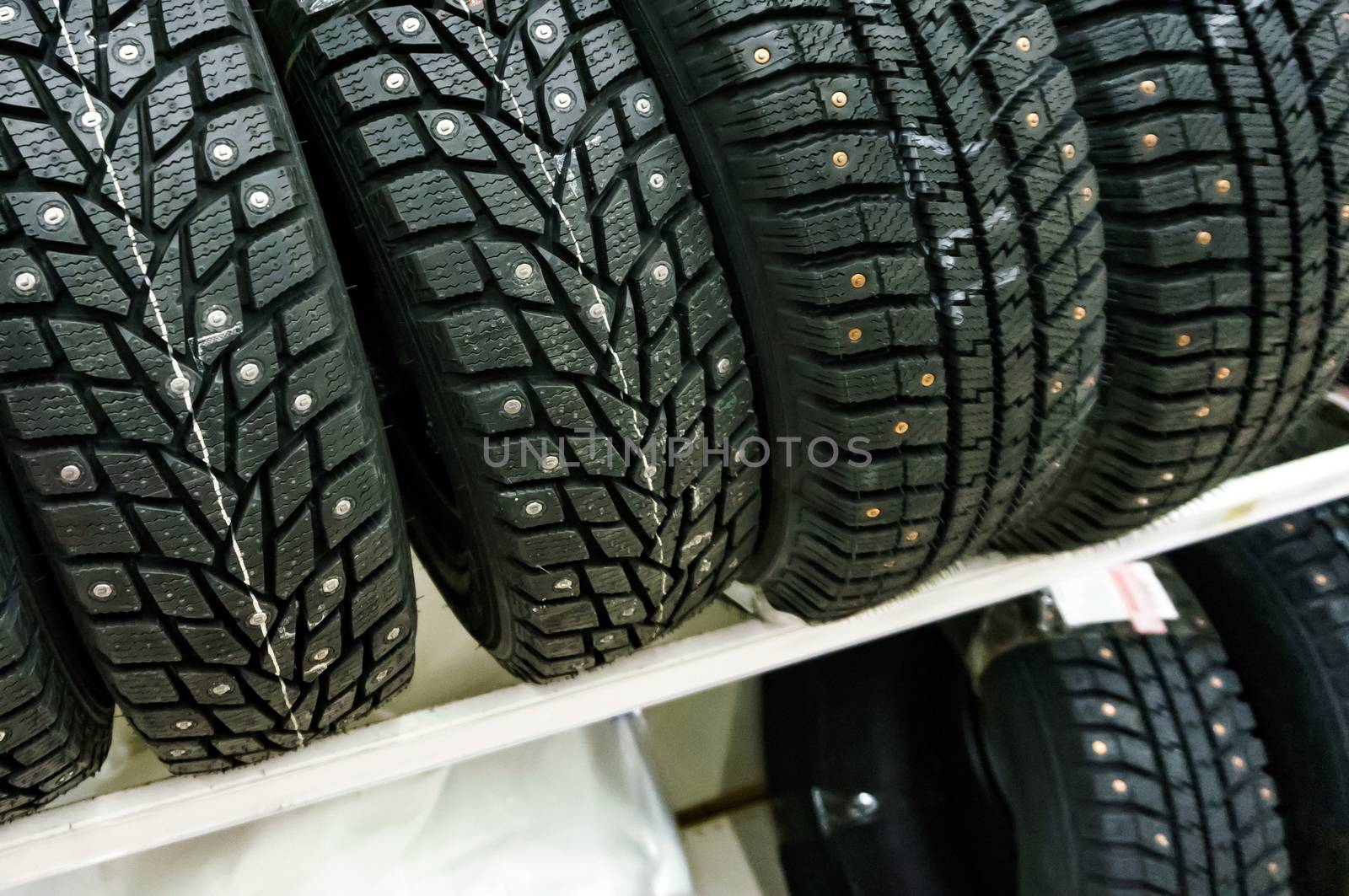 Closeup shot of car tyres on a shelf