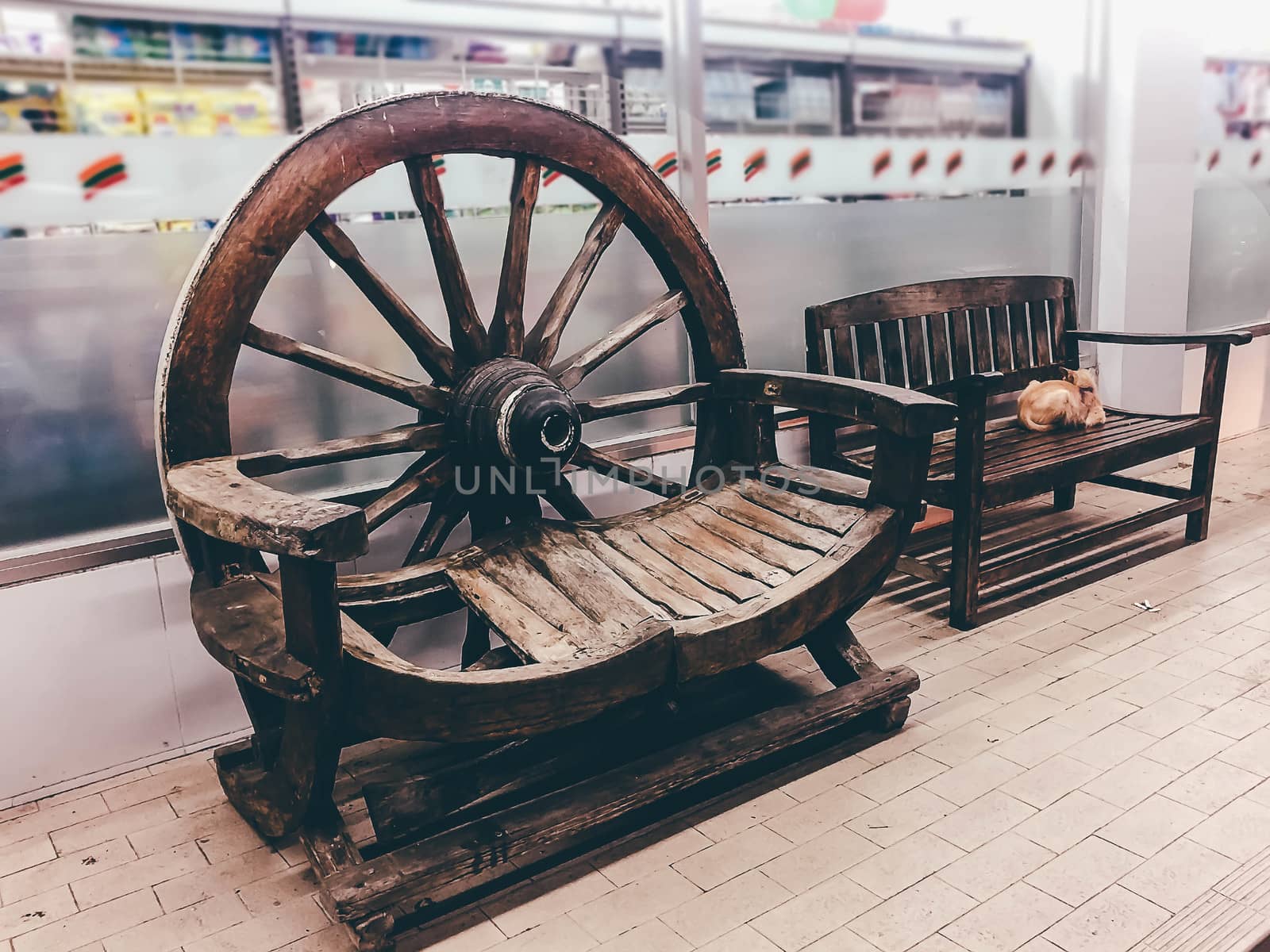Old thai nine carts in front of store with a cat