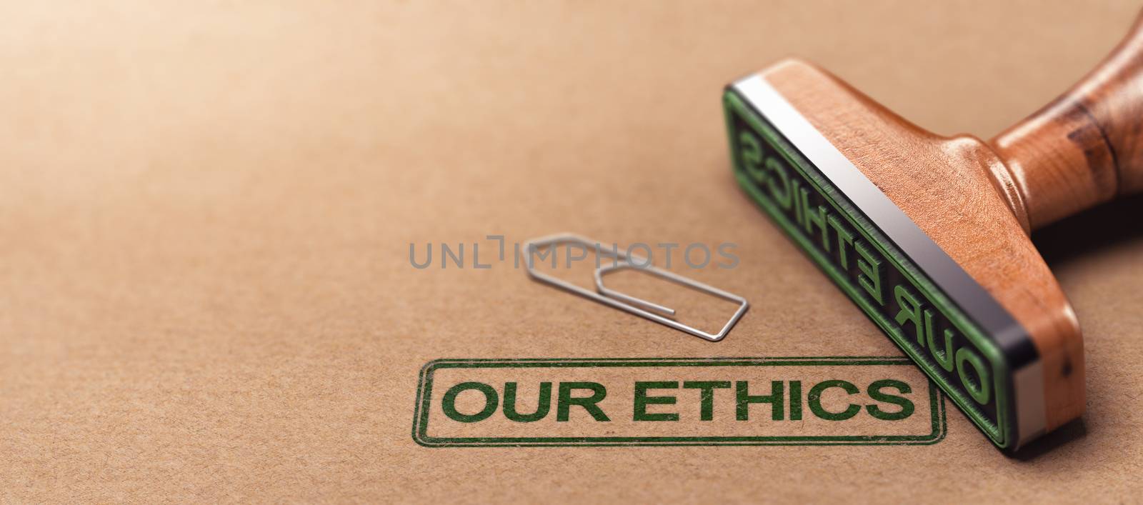 3D illustration of rubber stamp over paper background with the text our ethics. Business moral principles concept