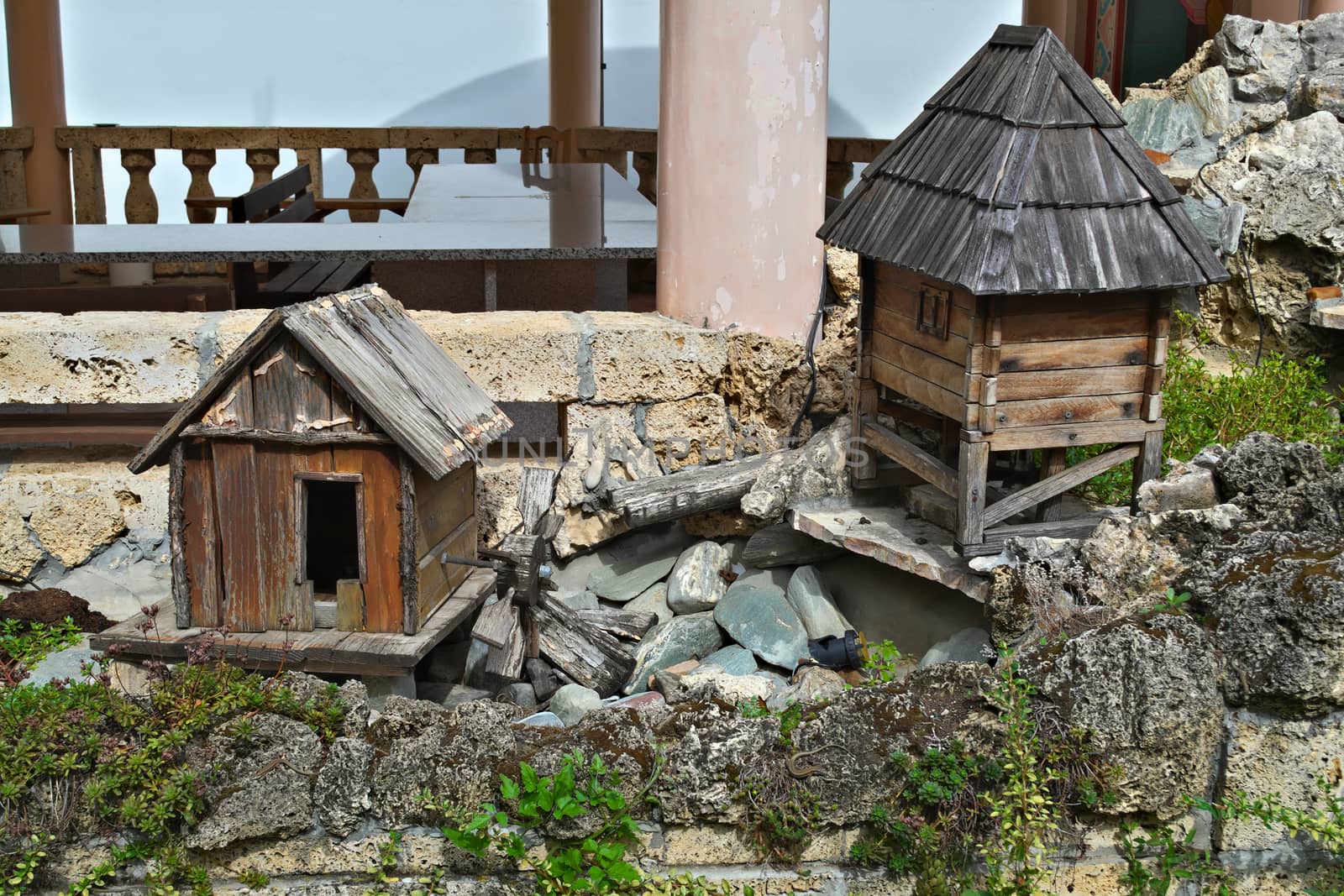 Two small wooden model houses, mini landscape by sheriffkule