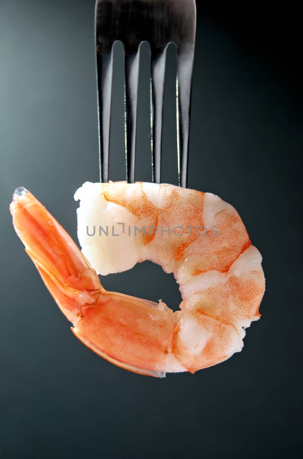 Close up of a cooked shrimp on fork 