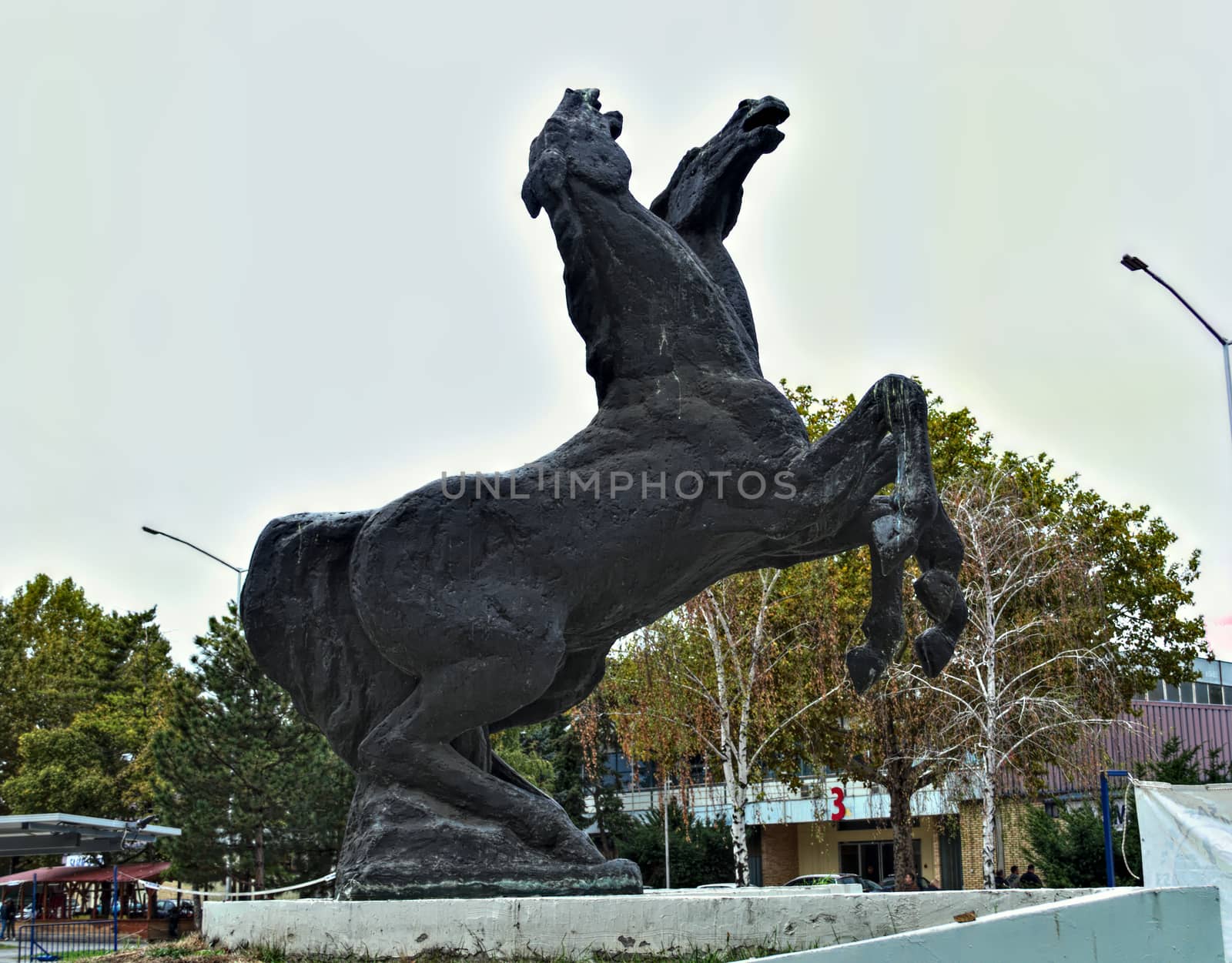 Monument of two horses, trees and sky in background