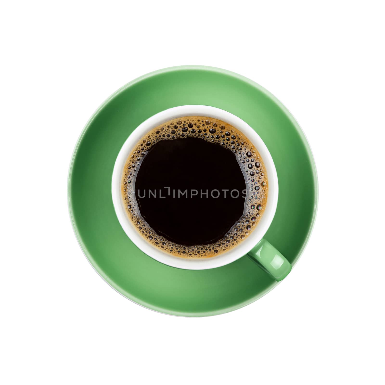 Full black coffee in green cup close up isolated by BreakingTheWalls