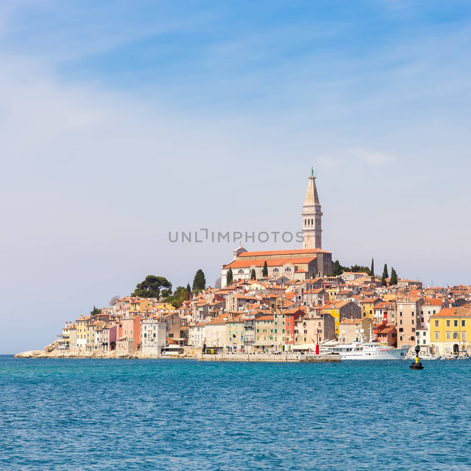 Panoramic view on old town Rovinj from harbor. Istria peninsula, Croatia