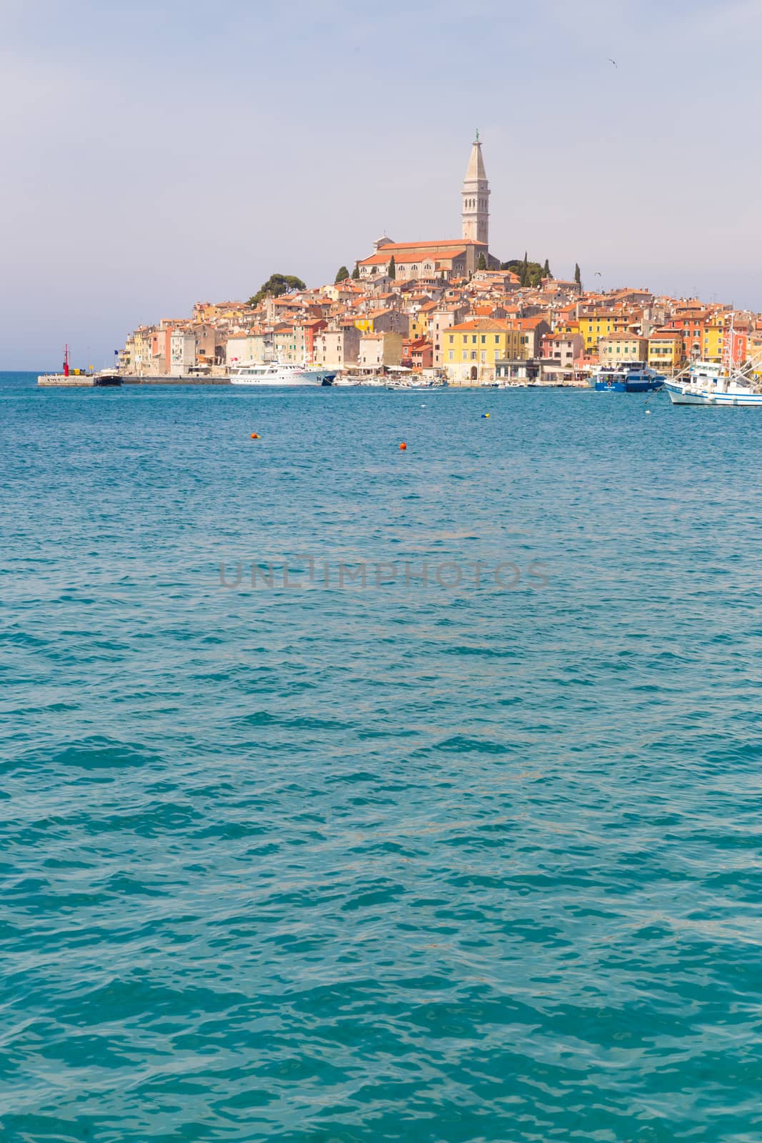 Panoramic view on old town Rovinj from harbor. Istria peninsula, Croatia. Copy space over sea.