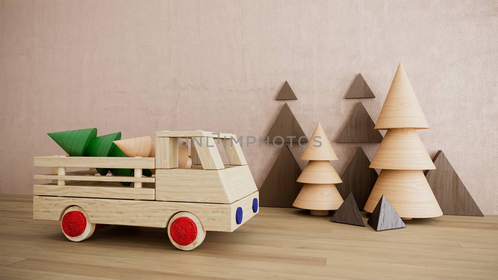 Wooden toy with car christmas holiday photo with pine trees happy new year