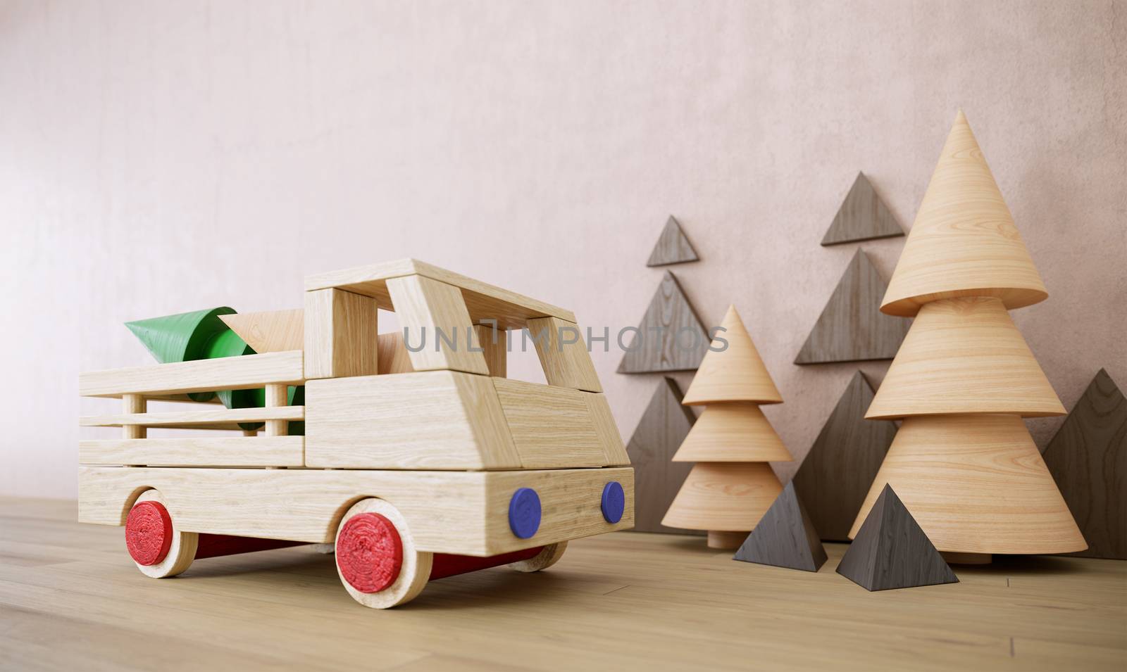 Wooden toy with car christmas holiday photo with pine trees happy new year
