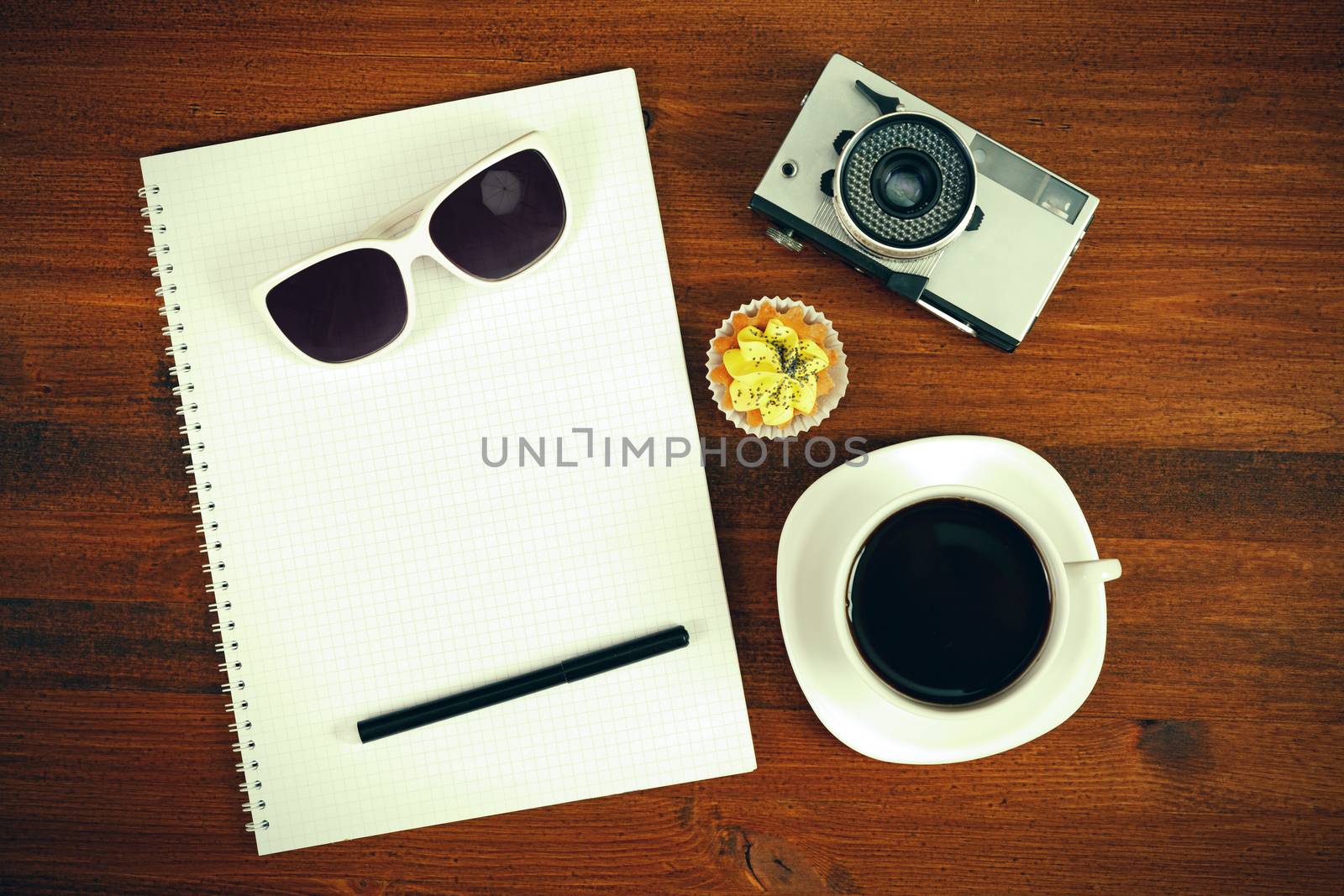 Retro film photo camera, sunglasses, cupcake, cup of coffee and by Nobilior