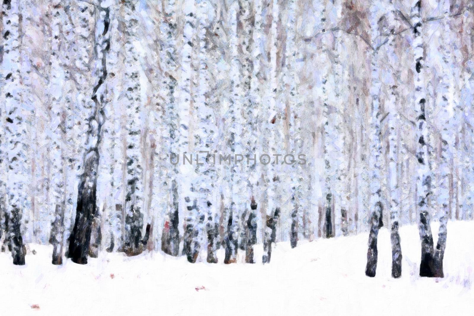 Birch forest in winter, oil paint stylization by Nobilior