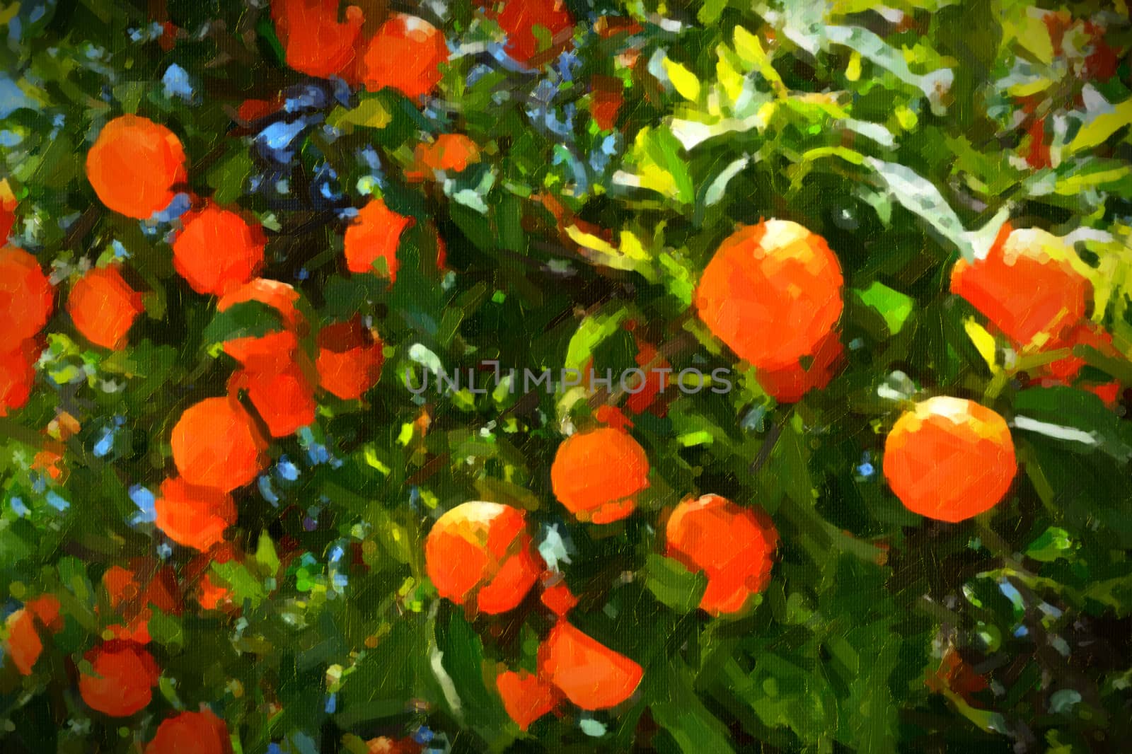 Oranges on the tree, thick paint stylization