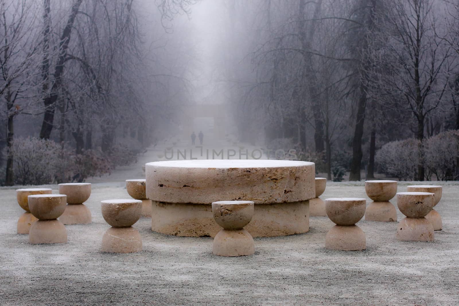 Winter view of Table of Silence - Constantin Brancusi's masterpieces found in Targu-jiu, Romania