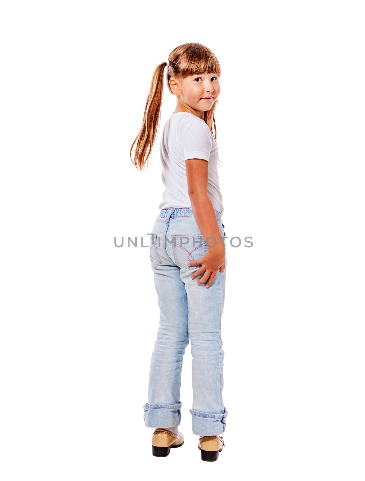 Happy excited walking away girl isolated on white