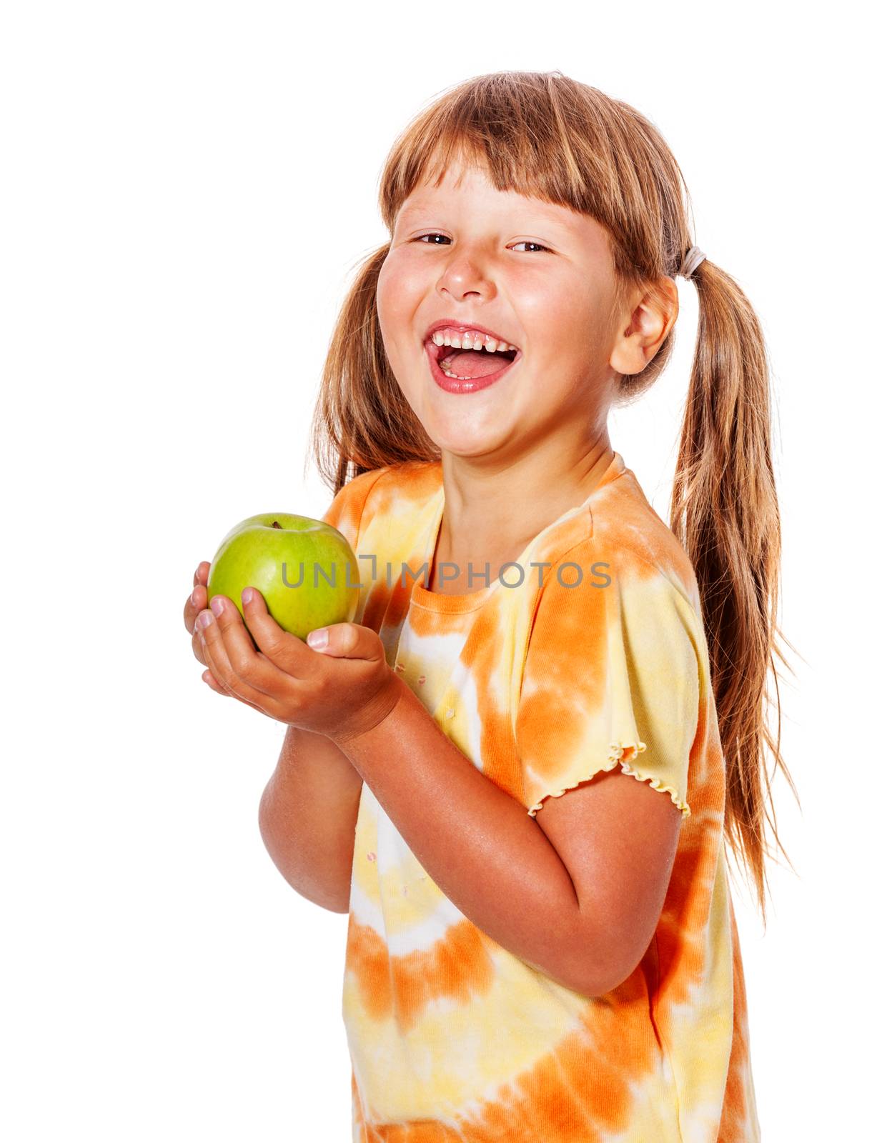 Six years Girl holding apple isolated on white