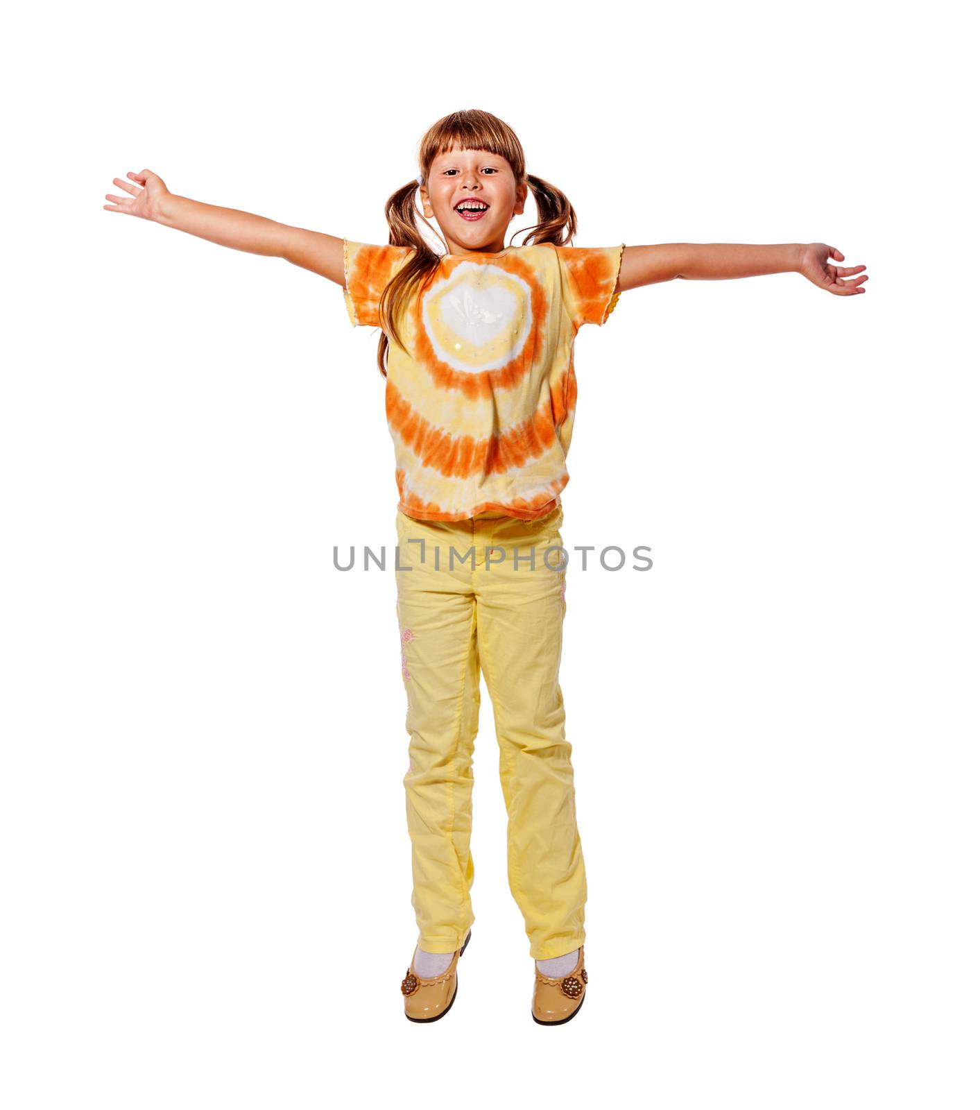 Happy excited Jumping girl isolated on white