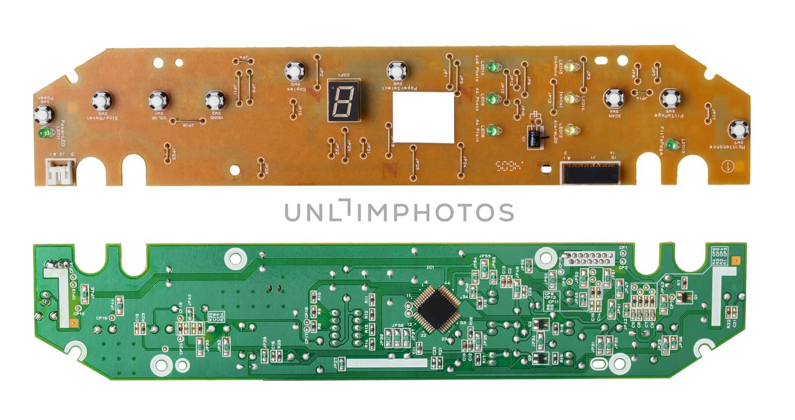 electronic microcircuit close-up on white isolated background