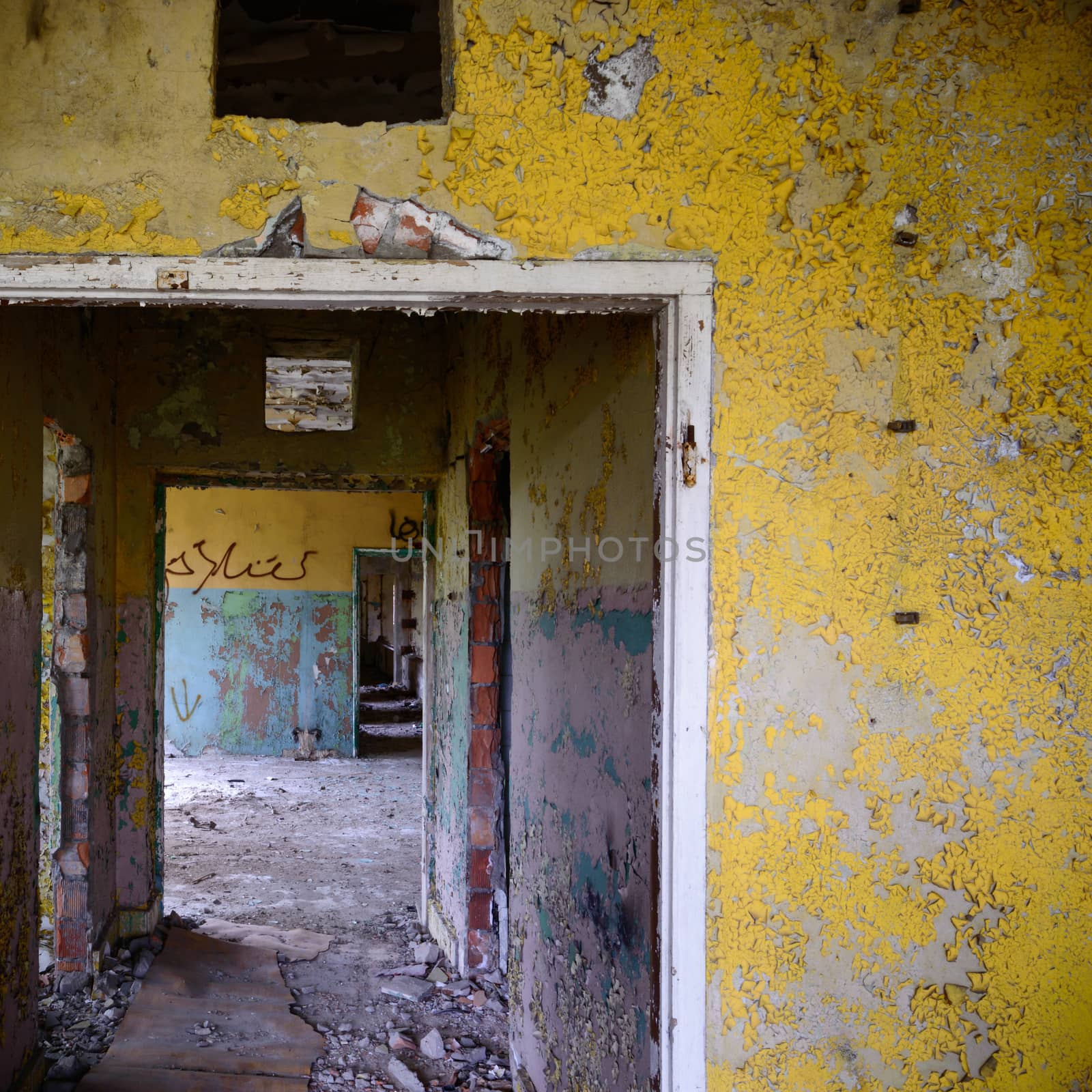 wide angle view of an old wall abandoned factory building