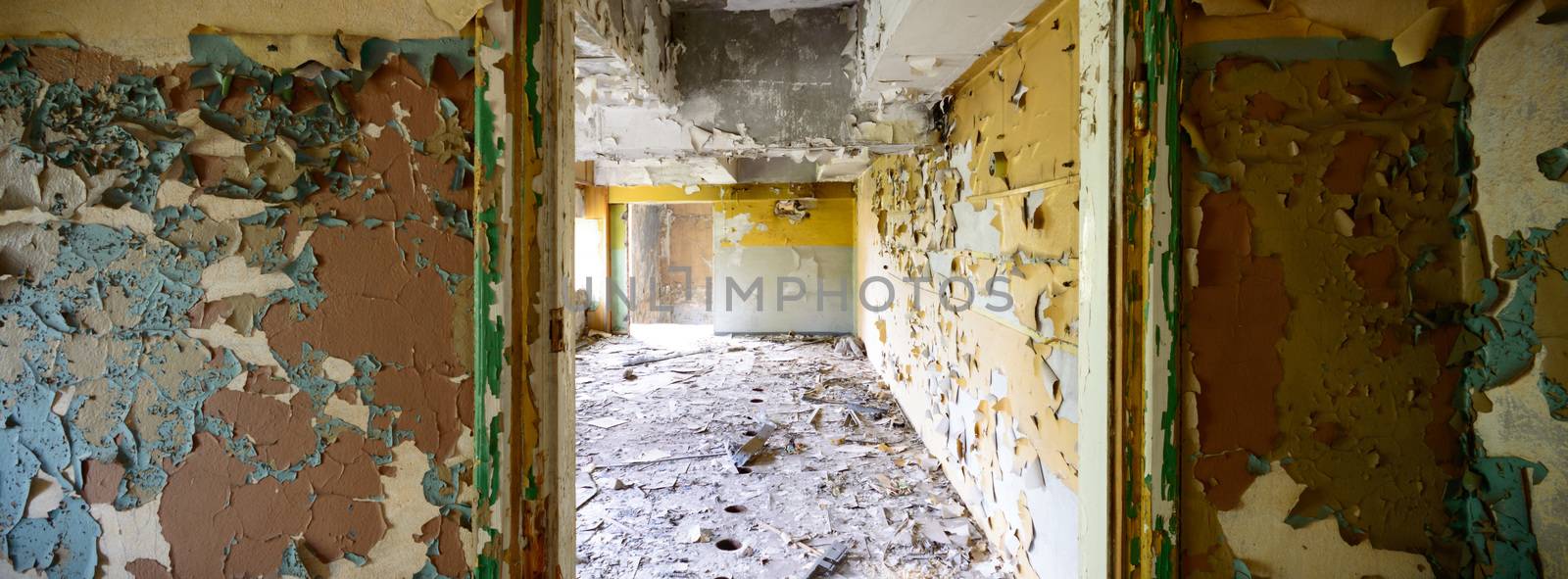 wide angle view of an old wall abandoned factory building