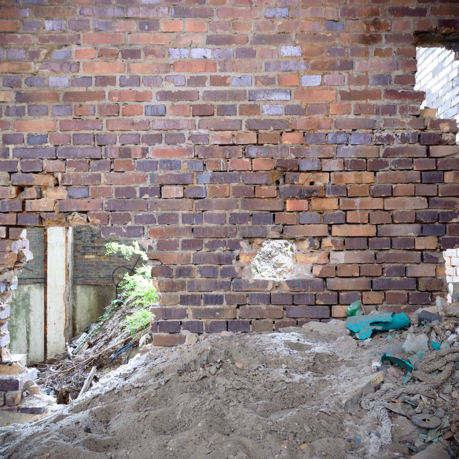 wide angle view of an old wall abandoned factory building