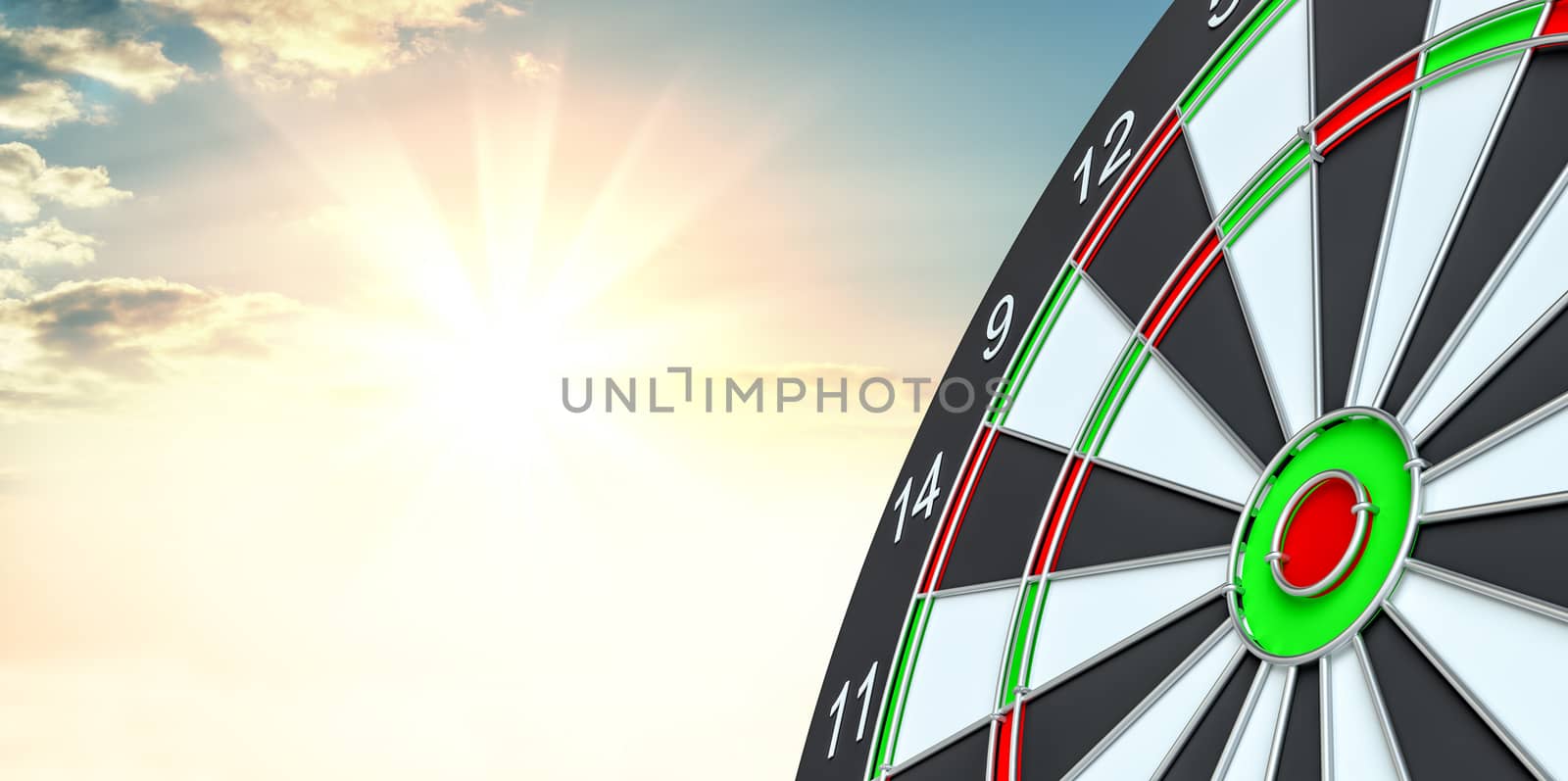 Target dart. 3d illustration. Sunrise on background