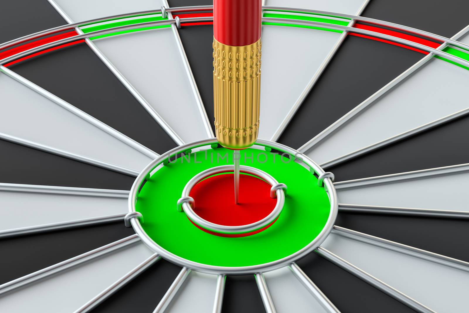 Target dart arrow hitting in the center of dartboard. 3d illustration