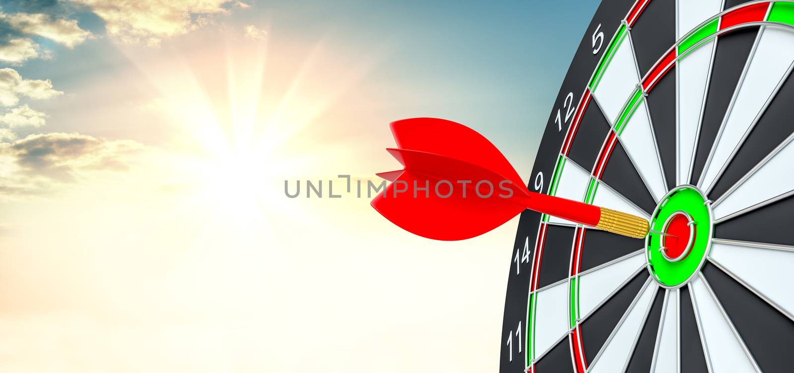 Target dart with arrow. 3d illustration. Sunrise on background