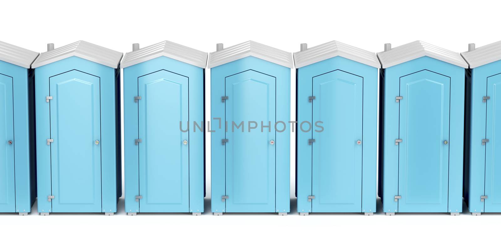 Row with portable plastic toilets on white background, front view