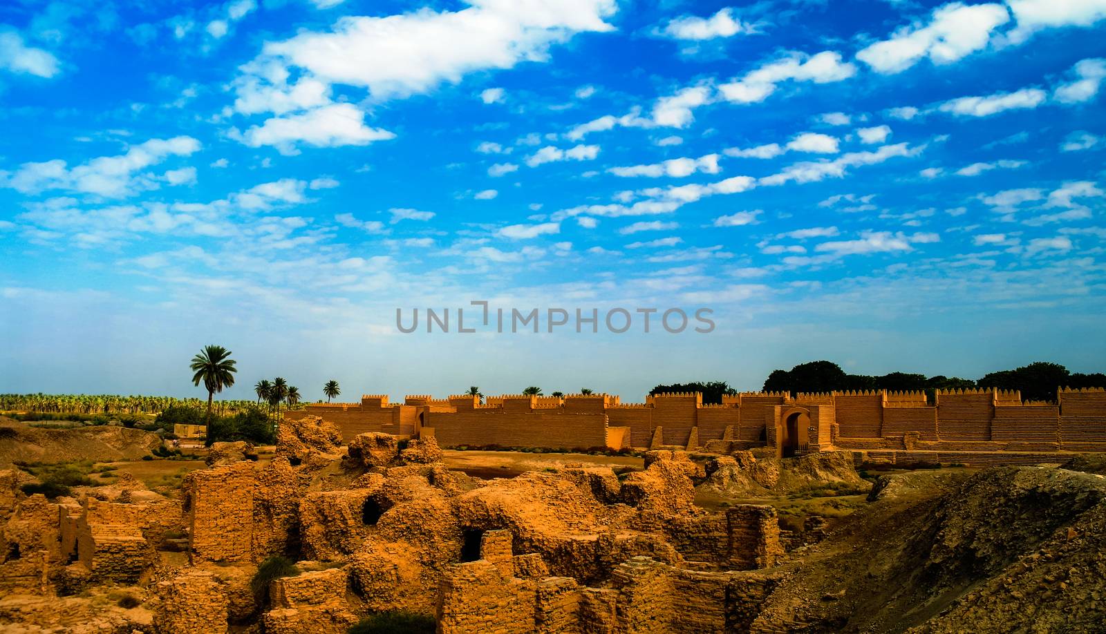 Panorama of partially restored Babylon ruins, Hillah, Iraq