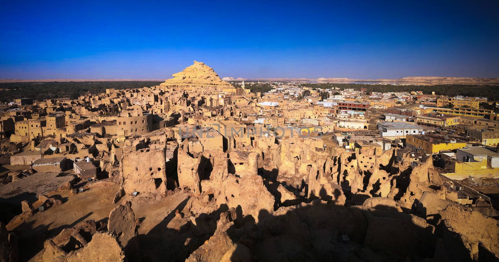 Panorama of old city Shali and mountain Dakrour in Siwa oasis, Egypt