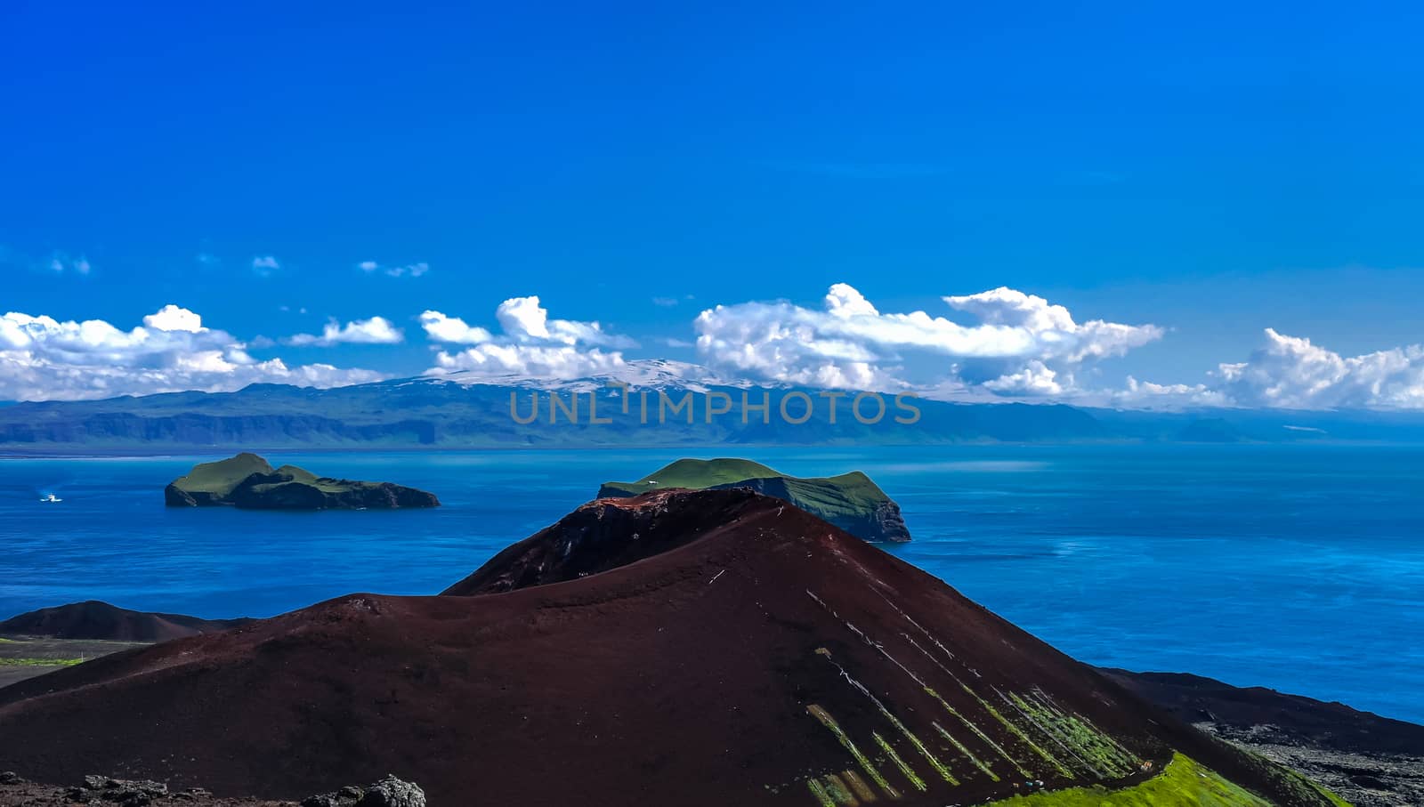 Panorama with Eldfell volcano in Heimaey island, Vestmannaeyjar archipelago, Iceland