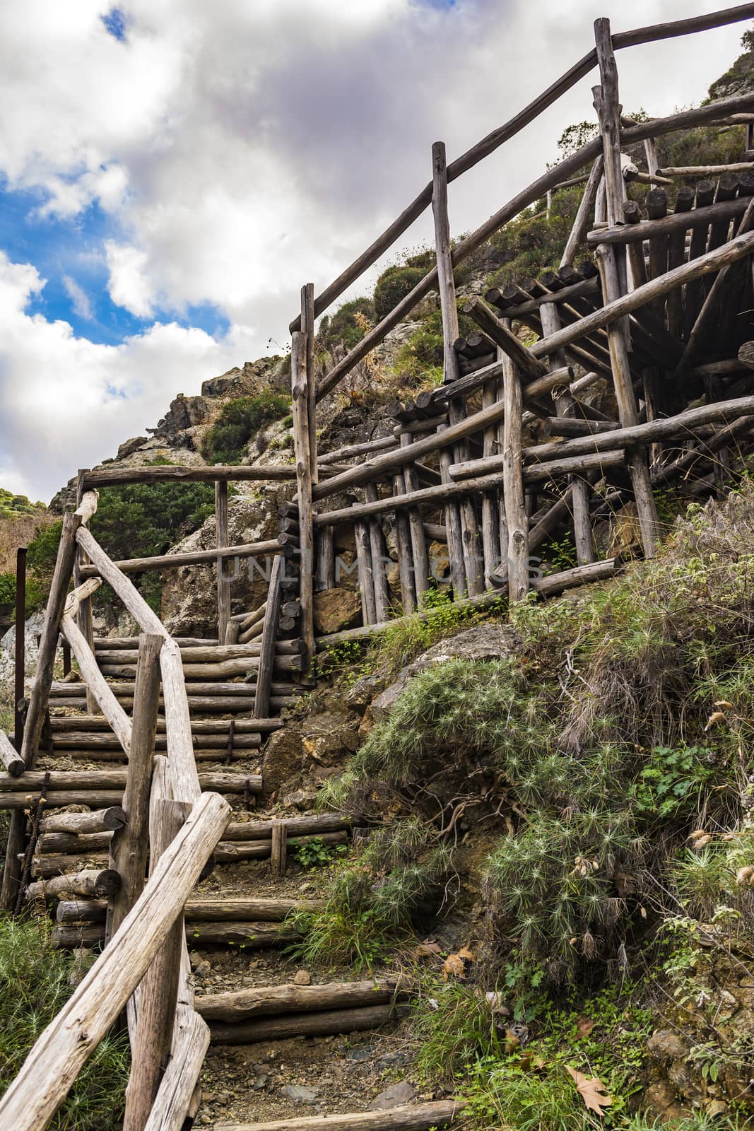 Ladder made of logs in the gorge of Richtis at winter - Crete, Greece.