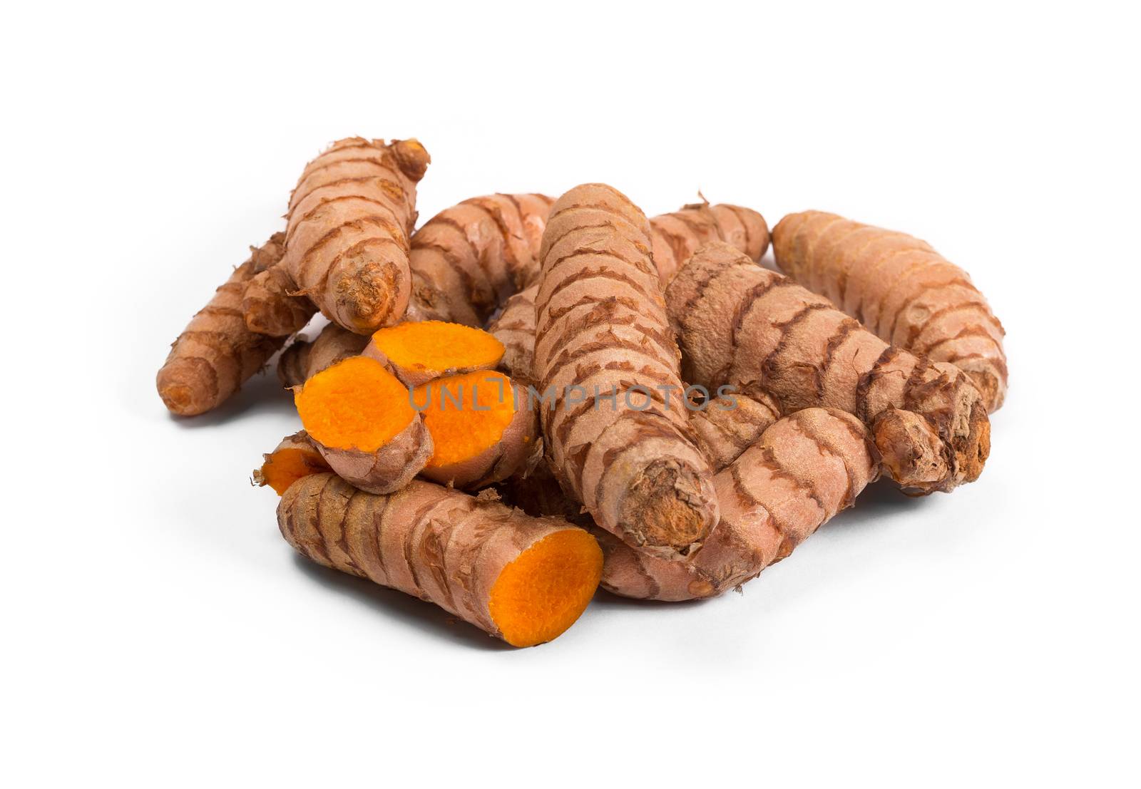 Turmeric rhizome, Turmeric root, isolated over white