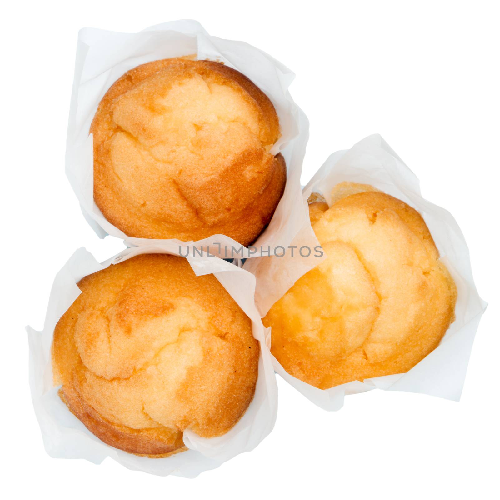 Closeup of a Magdalena Typical Spanish Plain Muffin. Sweet Food or Dessert. Three Fresh Baked Muffin Isolated on White Background in American Style. Irresistible Tasty Cake.