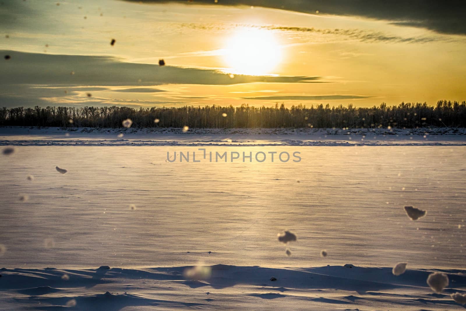 sunset on the river in winter river Dec frozen water forest