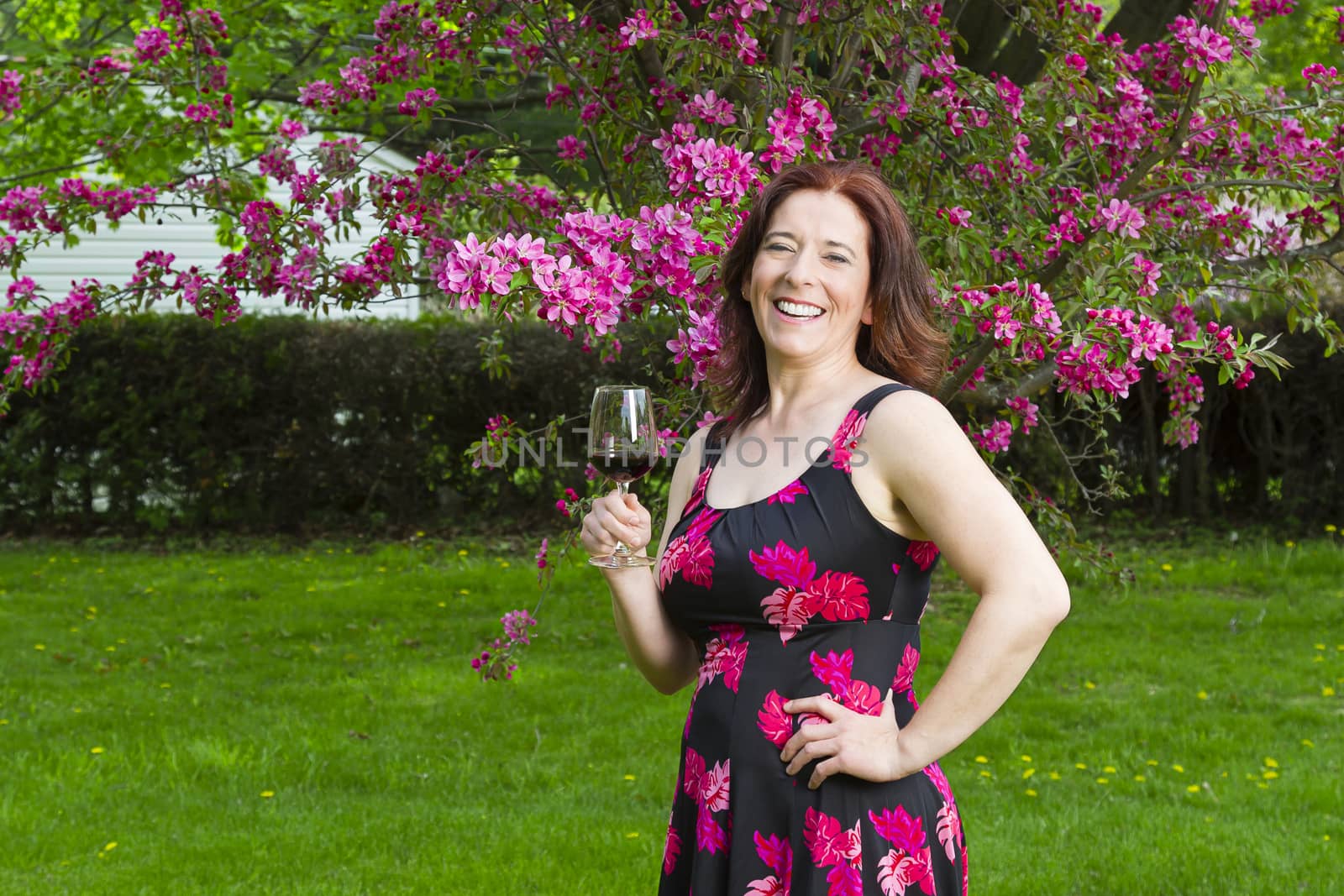 forty something brunette woman, wearing a summer dress, in front of a cherry tree, having a glass of red wine