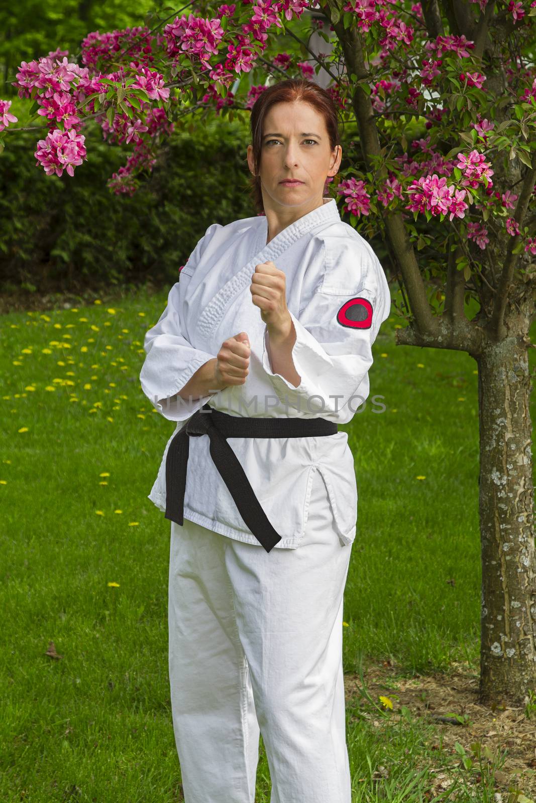 forty something brunette woman, wearing a wearing karate gi, standing under a cherry tree, doing a punch stance