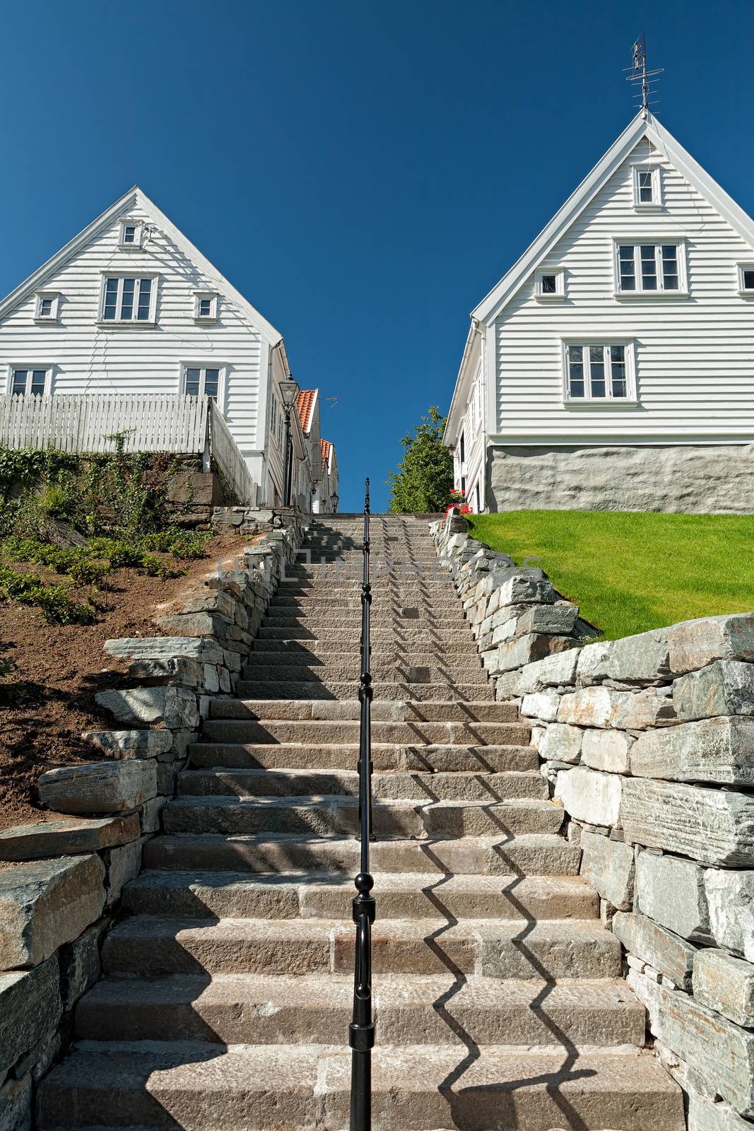 Typical houses and stairs seen from below in Stavanger, Norway