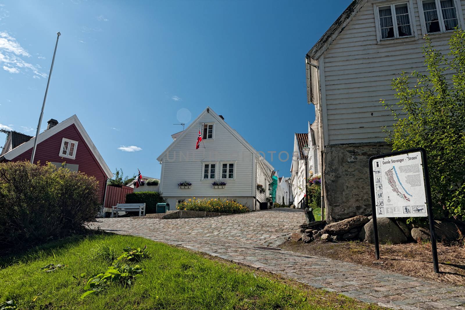 Typical houses and cobblestone street in Stavanger, Norway